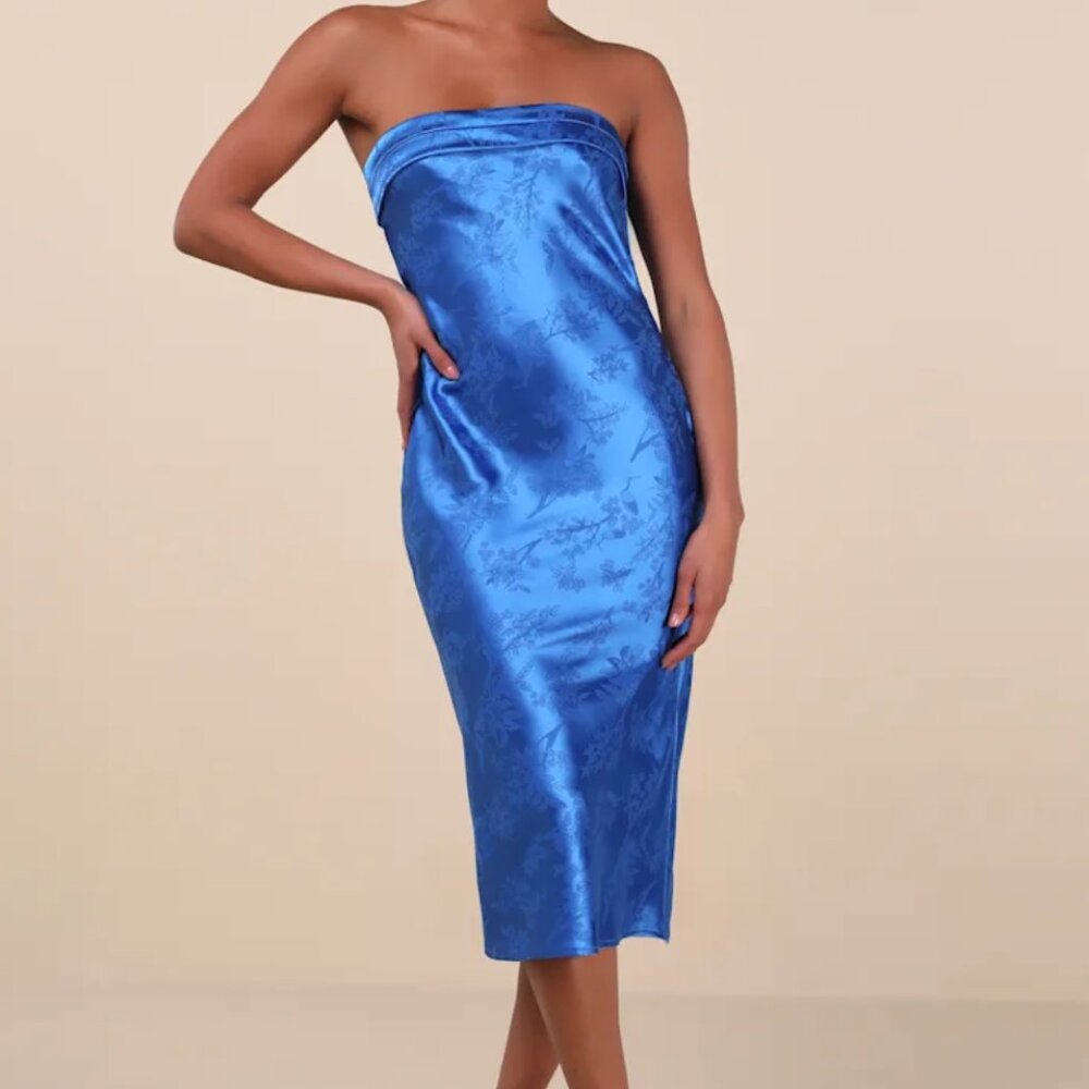 Lulus Blue Jacquard Strapless Midi Dress